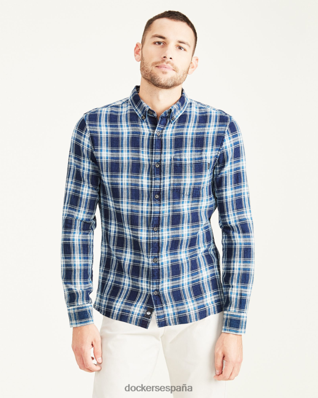 camisa Oxford elástica, corte entallado hombres Dockers pequeño río índigo - azul ropa 8F0406688