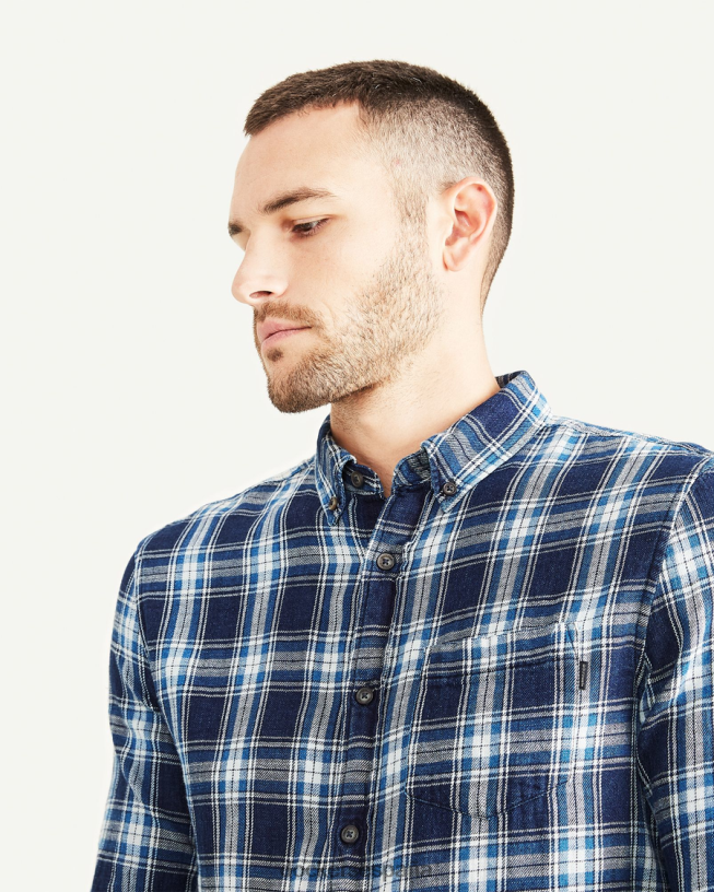 camisa Oxford elástica, corte entallado hombres Dockers pequeño río índigo - azul ropa 8F0406688