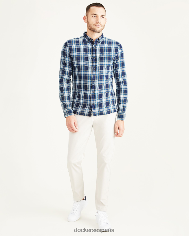 camisa Oxford elástica, corte entallado hombres Dockers pequeño río índigo - azul ropa 8F0406688